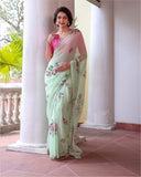 Green Color Soft Elegent Georgette Print Hand Work Saree