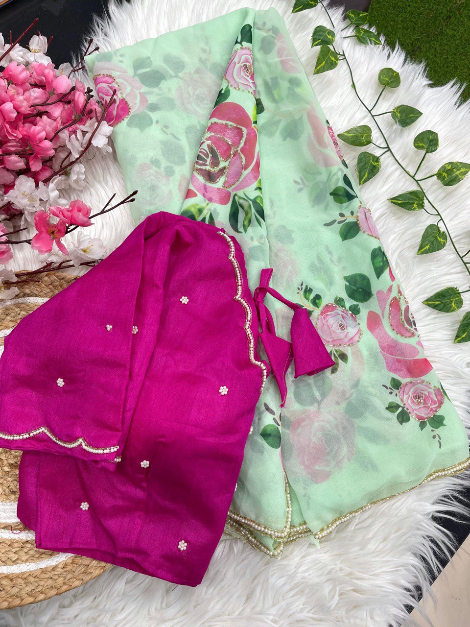 Green Color Soft Elegent Georgette Print Hand Work Saree