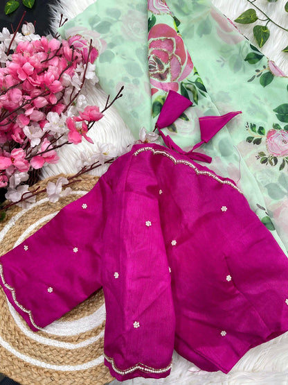 Green Color Soft Elegent Georgette Print Hand Work Saree