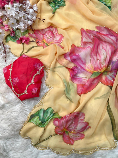 Yellow Color Georgette With Printed Hand Work Saree