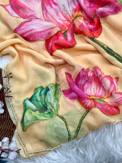 Yellow Color Georgette With Printed Hand Work Saree