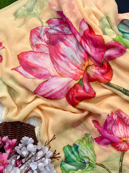 Yellow Color Georgette With Printed Hand Work Saree