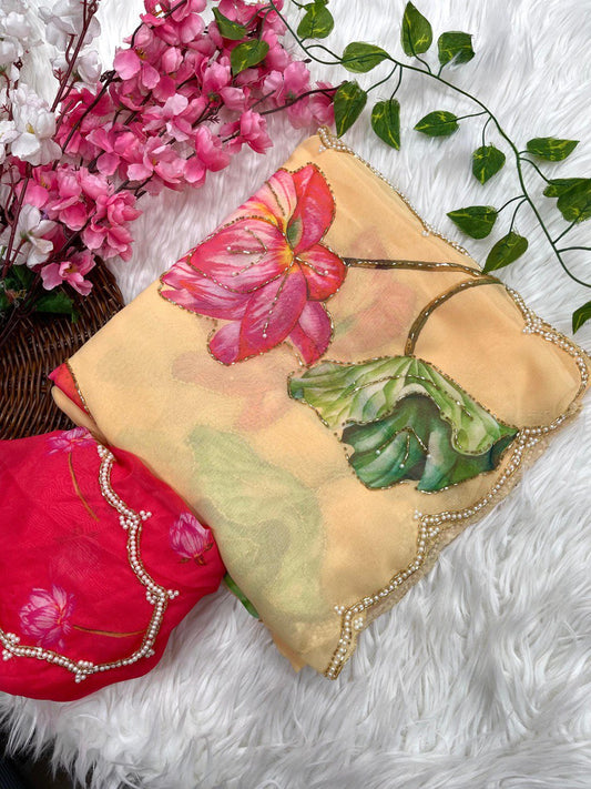 Yellow Color Georgette With Printed Hand Work Saree