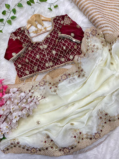 Fendy Sartin Silk With BEautifull Embroidery Work Saree