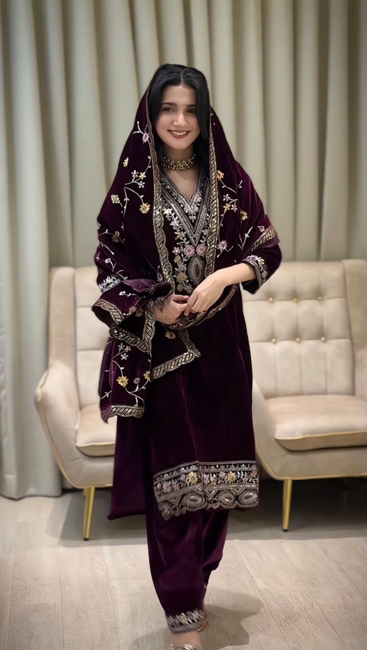 Pure Heavy Viscose Velvet With Embroidery Sequience Work Top Pent