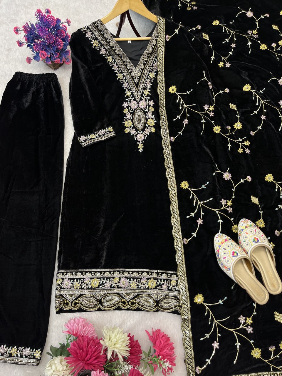Pure Heavy Viscose Velvet With Embroidery Sequience Work Top Pent
