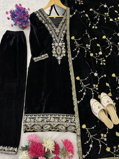 Pure Heavy Viscose Velvet With Embroidery Sequience Work Top Pent