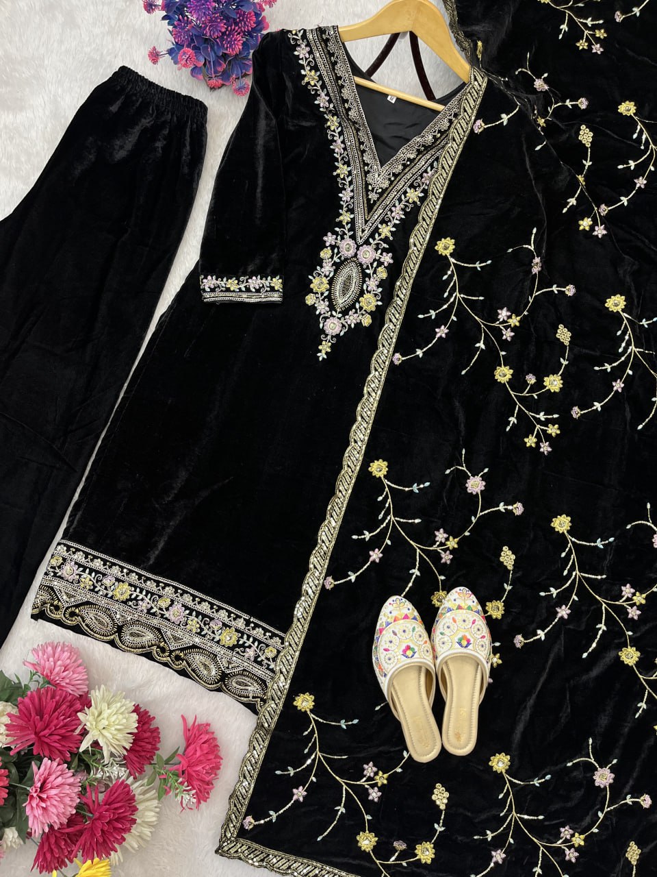 Pure Heavy Viscose Velvet With Embroidery Sequience Work Top Pent