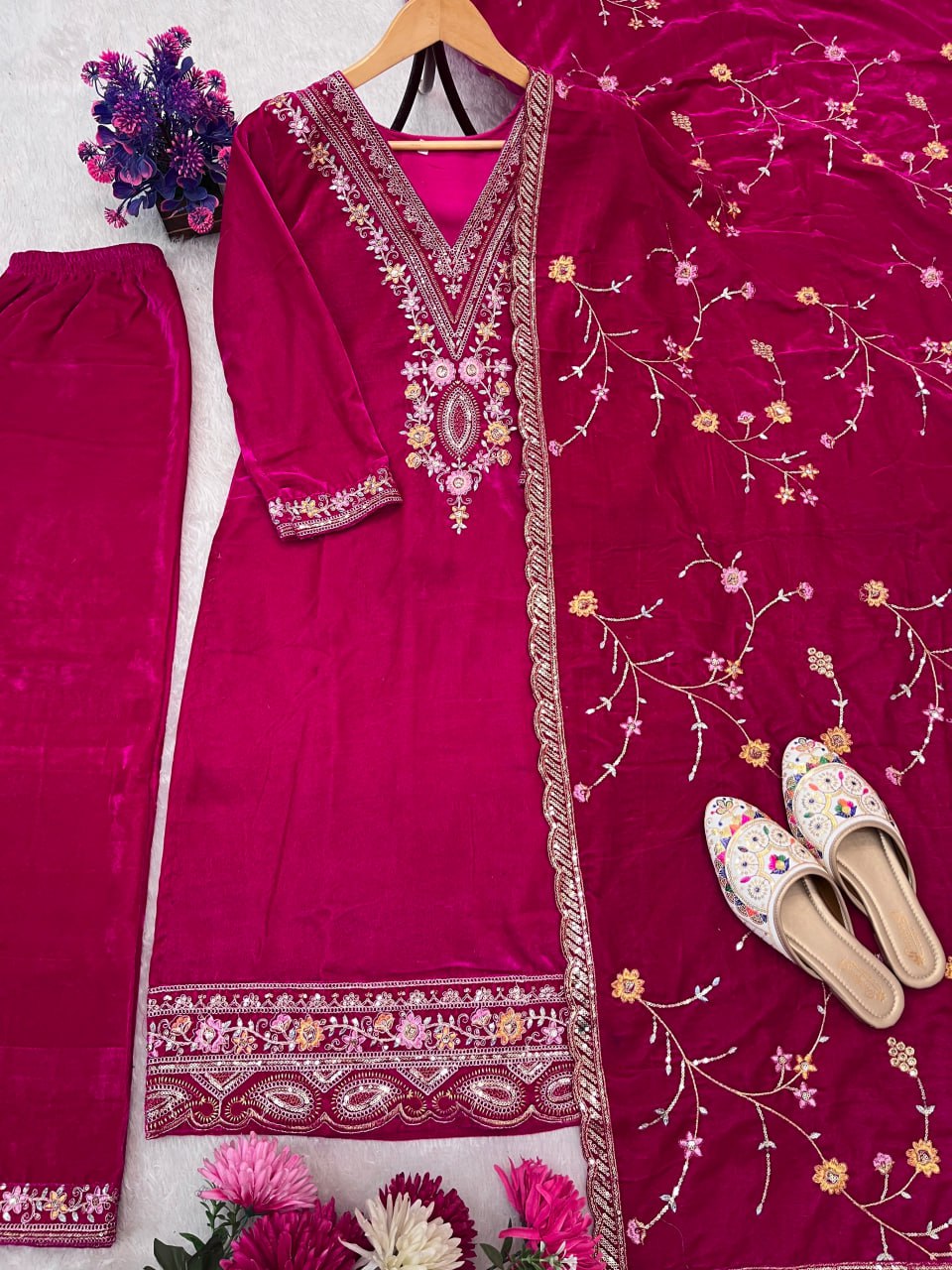 Pure Heavy Viscose Velvet With Embroidery Sequience Work Top Pent