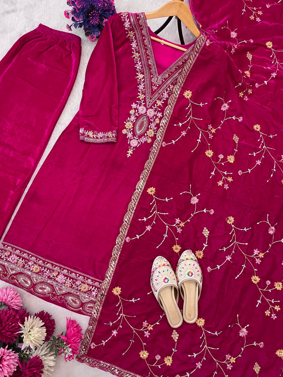 Pure Heavy Viscose Velvet With Embroidery Sequience Work Top Pent