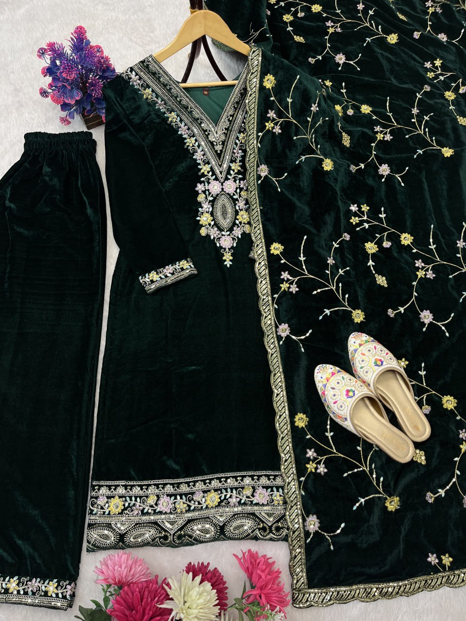 Pure Heavy Viscose Velvet With Embroidery Sequience Work Top Pent