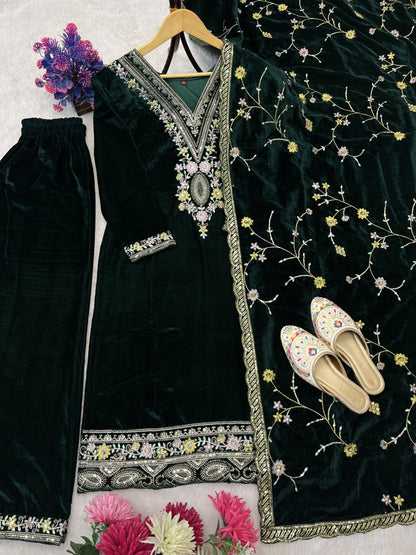 Pure Heavy Viscose Velvet With Embroidery Sequience Work Top Pent