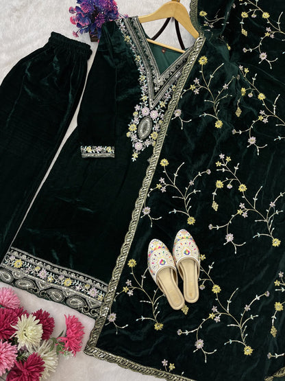 Pure Heavy Viscose Velvet With Embroidery Sequience Work Top Pent