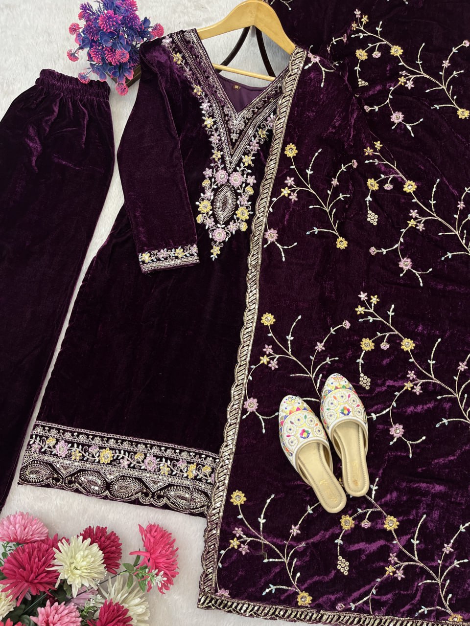 Pure Heavy Viscose Velvet With Embroidery Sequience Work Top Pent