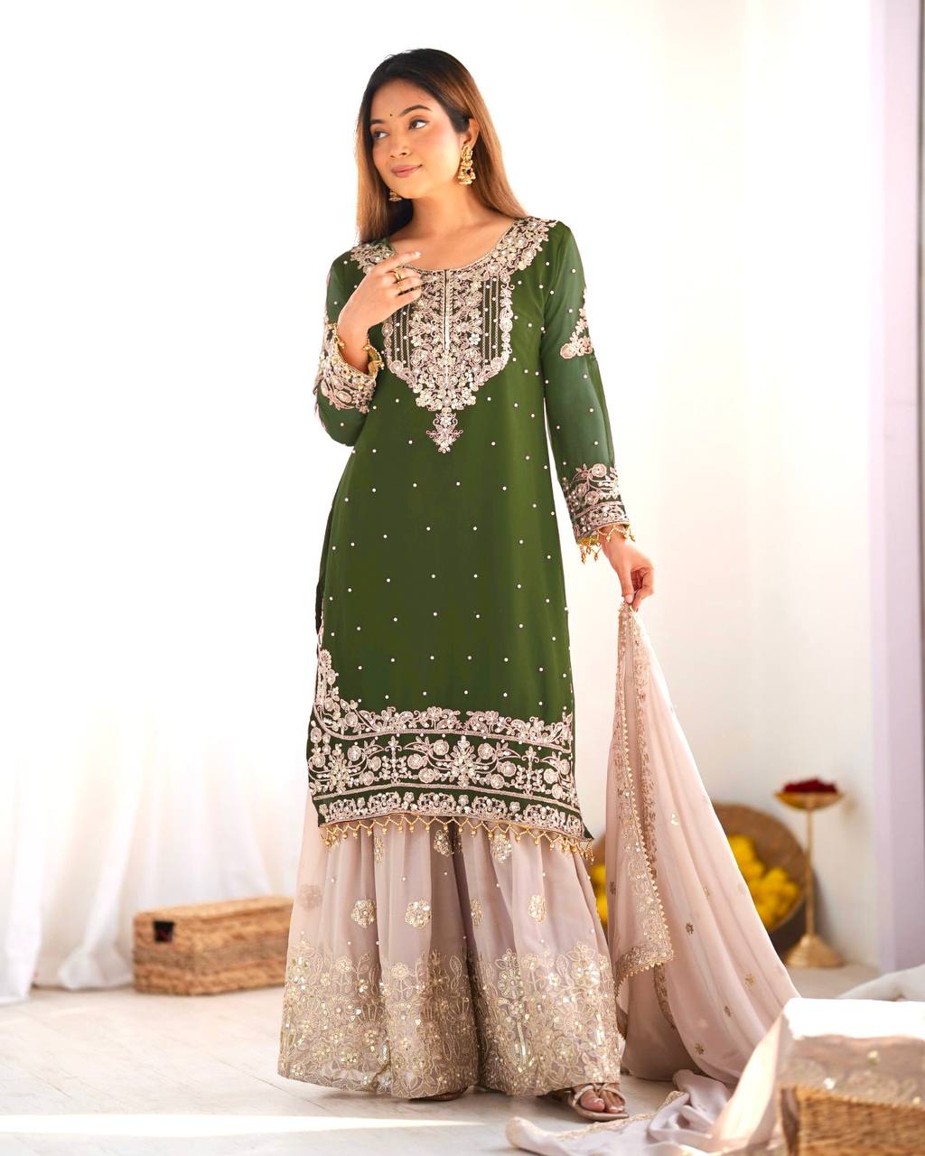 Heavy Faux Goergette Heavy Embroidery Work With Dori Sequence Work Top Plazzo