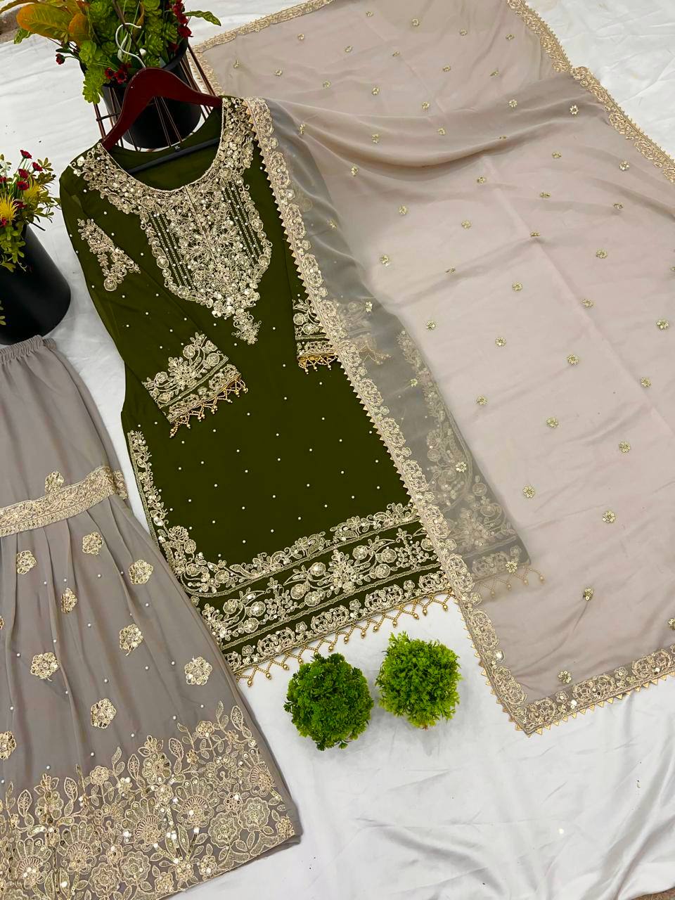 Heavy Faux Goergette Heavy Embroidery Work With Dori Sequence Work Top Plazzo