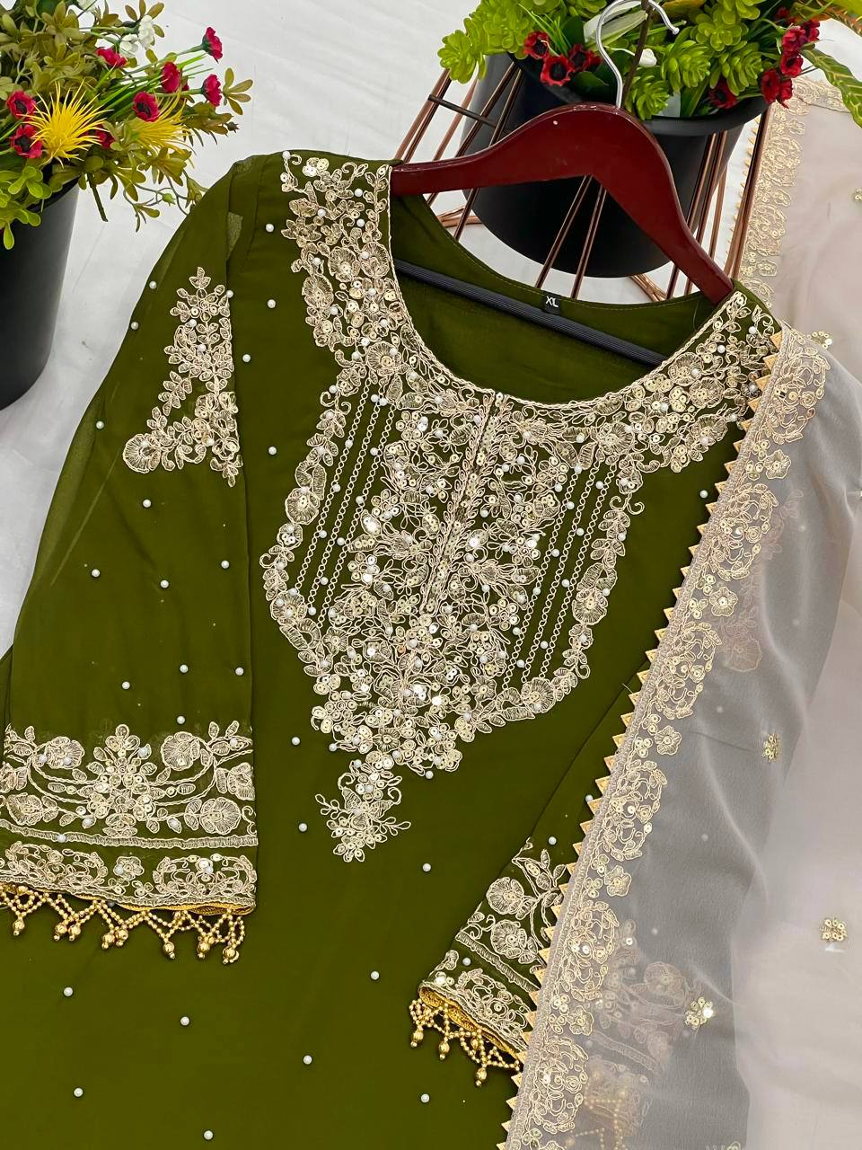 Heavy Faux Goergette Heavy Embroidery Work With Dori Sequence Work Top Plazzo
