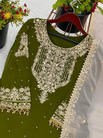 Heavy Faux Goergette Heavy Embroidery Work With Dori Sequence Work Top Plazzo