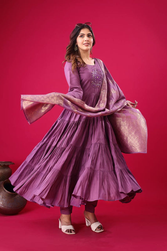 Purple Color Embroidery Work With Roman Silk Top Pent
