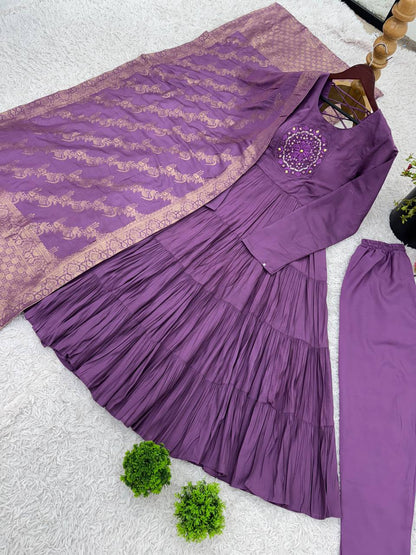 Purple Color Embroidery Work With Roman Silk Top Pent