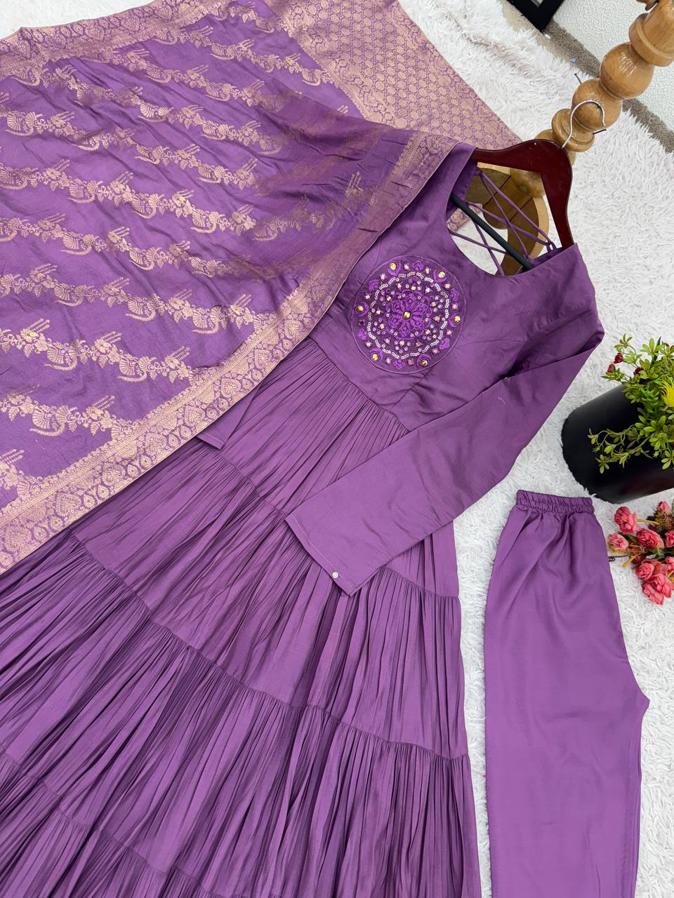 Purple Color Embroidery Work With Roman Silk Top Pent