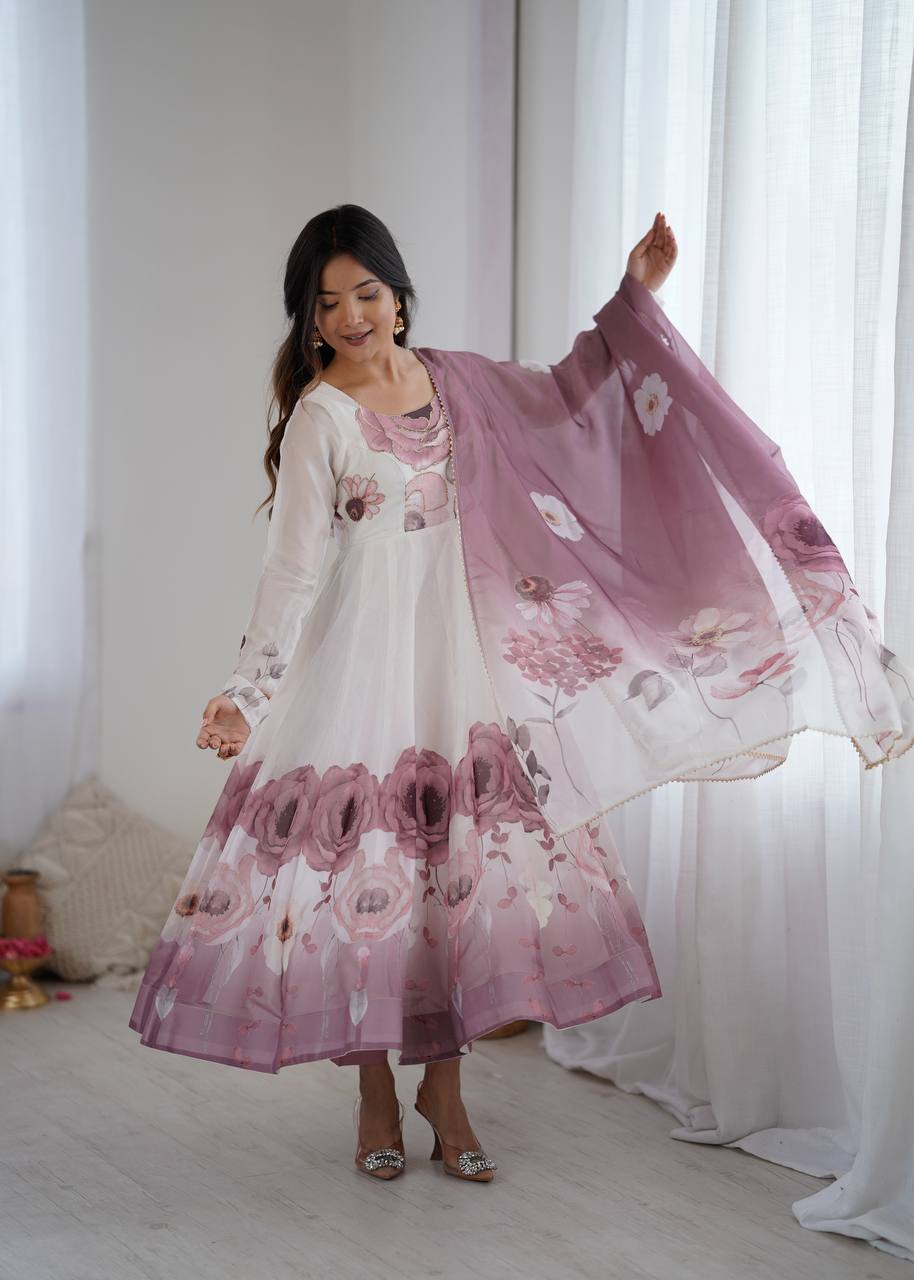 SOFT ORGANZA SILK FANCY BADLA JARI WORK ANARKALI GOWN