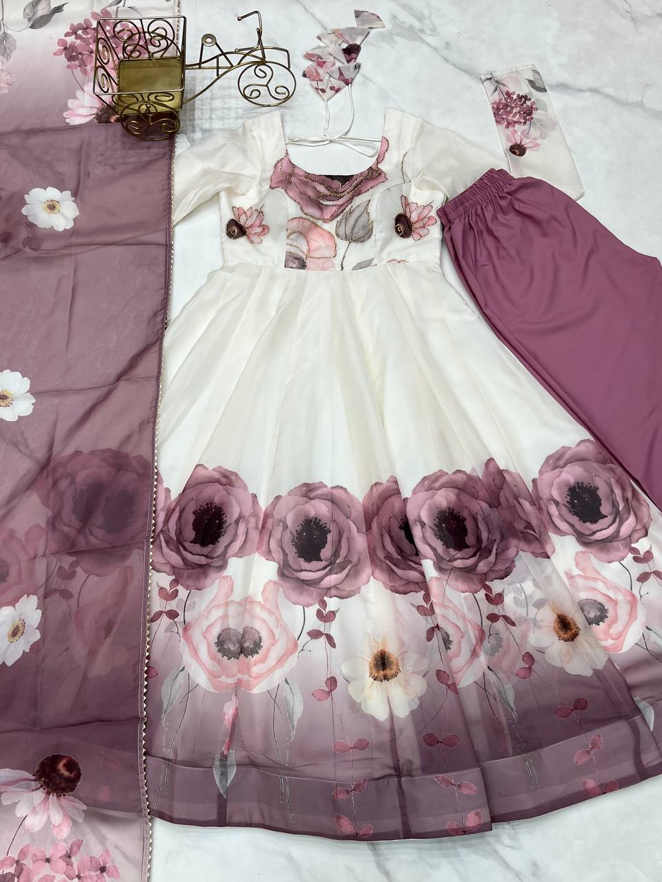 SOFT ORGANZA SILK FANCY BADLA JARI WORK ANARKALI GOWN