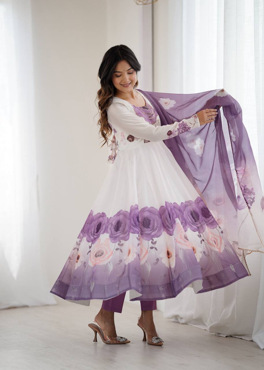 SOFT ORGANZA SILK FANCY BADLA JARI WORK ANARKALI GOWN