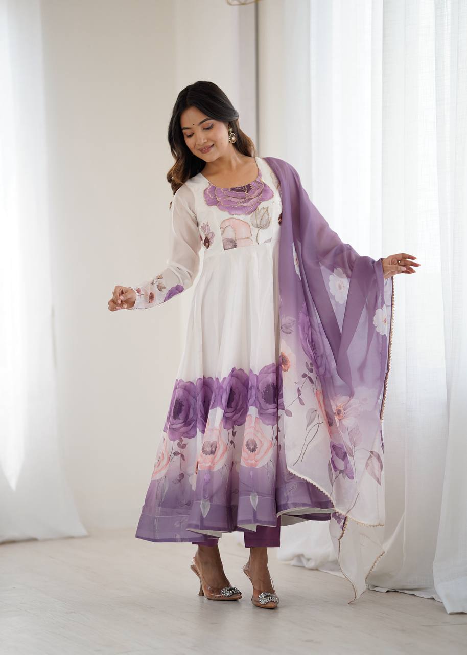 SOFT ORGANZA SILK FANCY BADLA JARI WORK ANARKALI GOWN