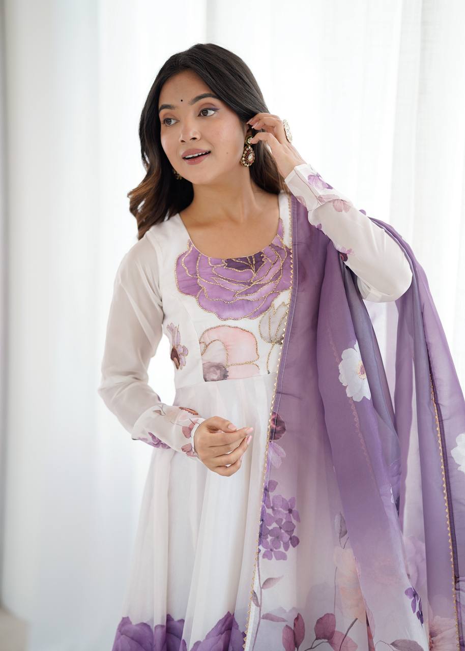 SOFT ORGANZA SILK FANCY BADLA JARI WORK ANARKALI GOWN