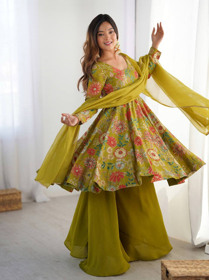Pure Soft Romaqnsilk Chanderi With Digital Print Work With Padded, Side Zipper KediyaKurti  Plazzo