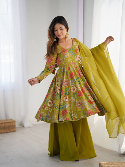 Pure Soft Romaqnsilk Chanderi With Digital Print Work With Padded, Side Zipper KediyaKurti  Plazzo