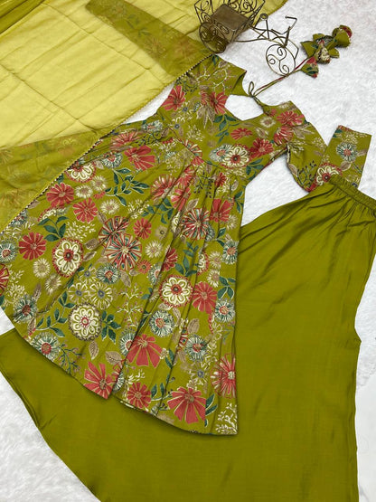 Pure Soft Romaqnsilk Chanderi With Digital Print Work With Padded, Side Zipper KediyaKurti  Plazzo