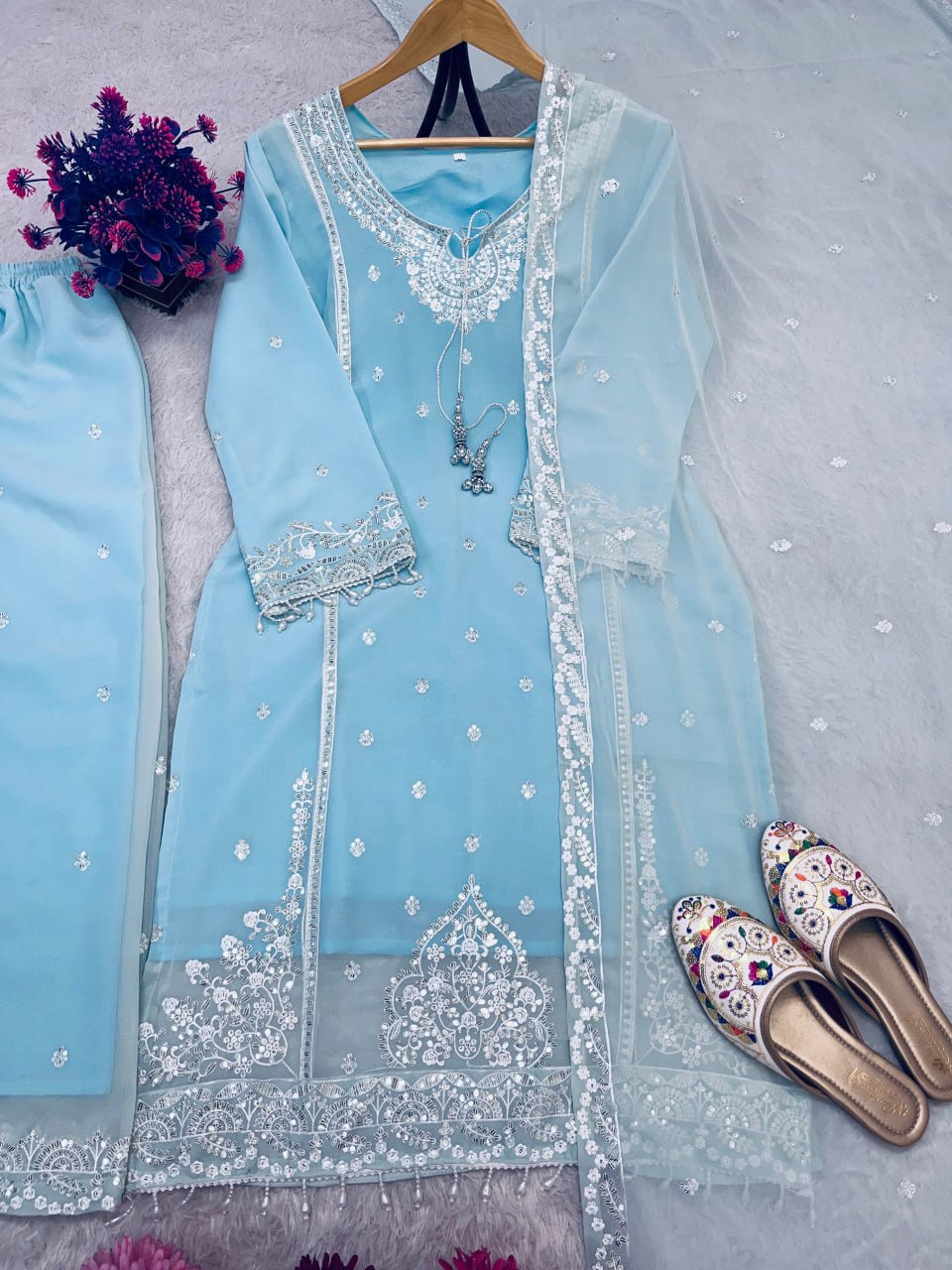 HEavy Fox Geprgette Embroidery Work Top Plazzo