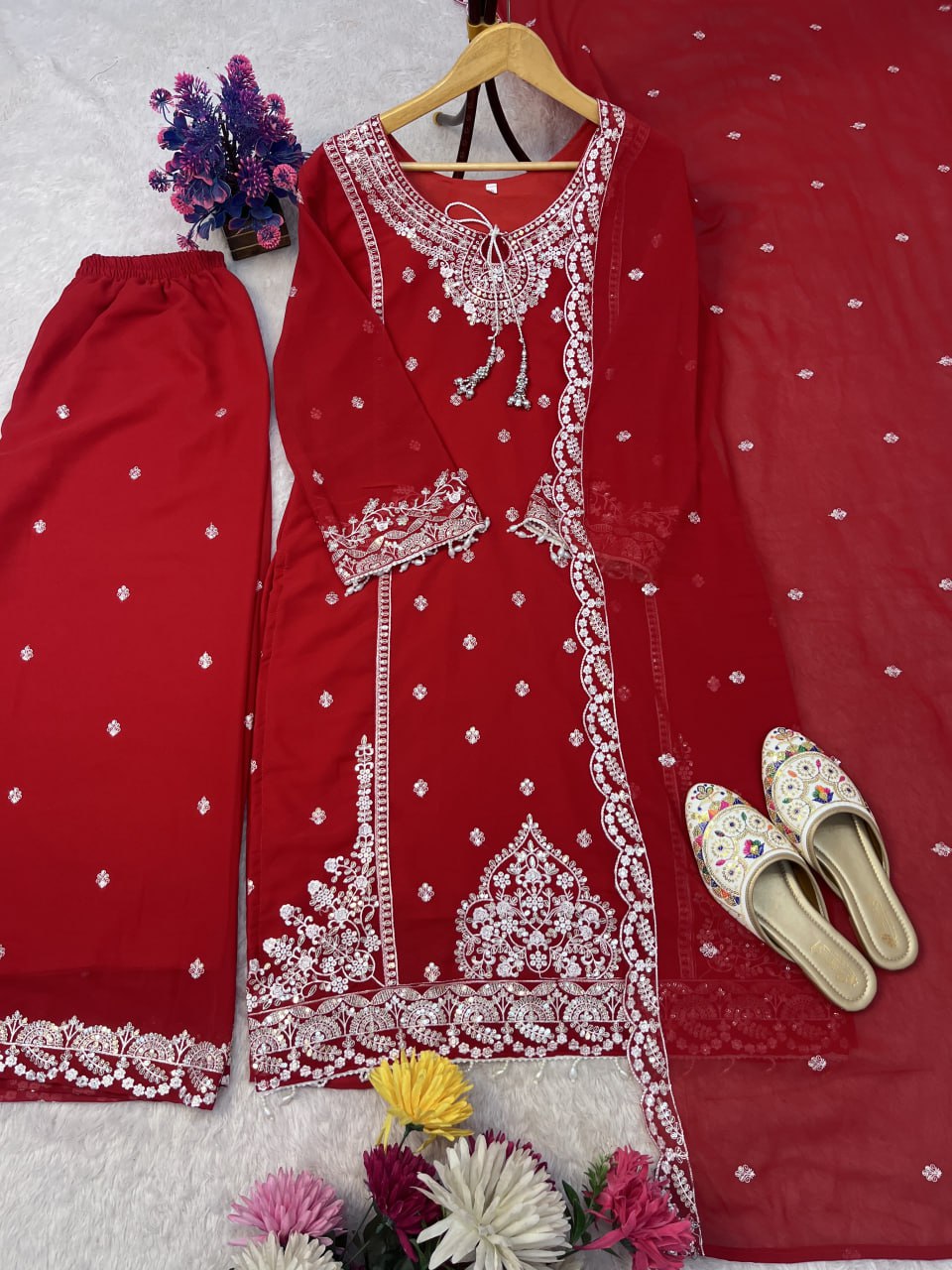 HEavy Fox Geprgette Embroidery Work Top Plazzo