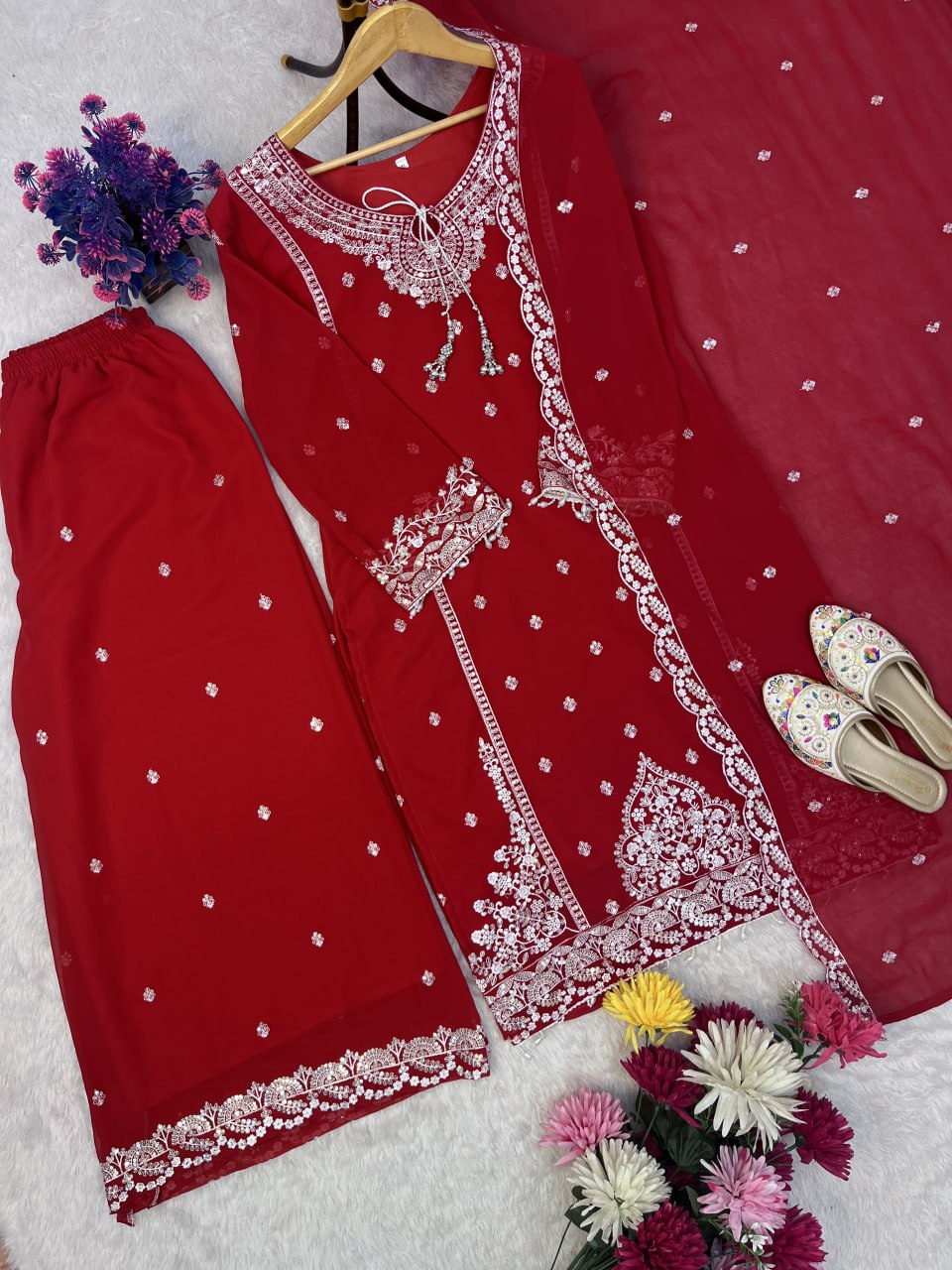 HEavy Fox Geprgette Embroidery Work Top Plazzo