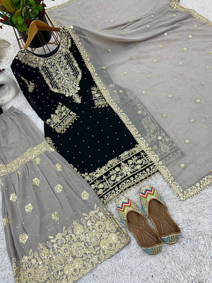 Heavy Faux Goergette Heavy Embroidery Work With Dori Sequence Work Top Plazzo