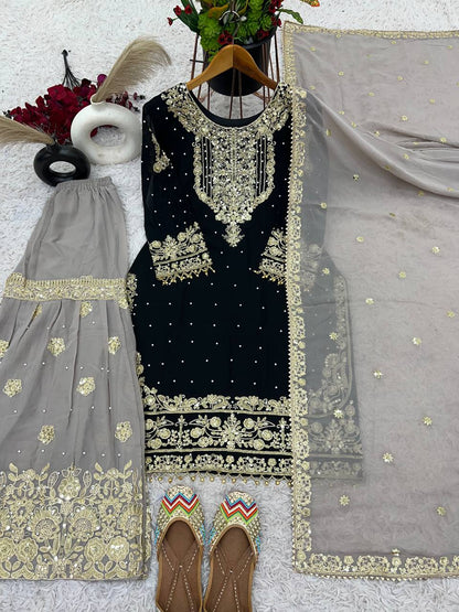 Heavy Faux Goergette Heavy Embroidery Work With Dori Sequence Work Top Plazzo