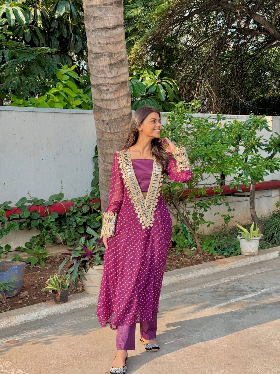 Georgette Digital Print With Real Mirror Work Kurti