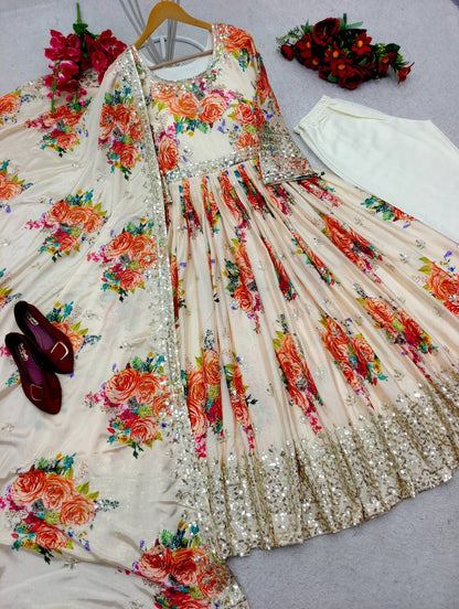 Off White Color Heavy Satin Silk With Digital Print Work Gown