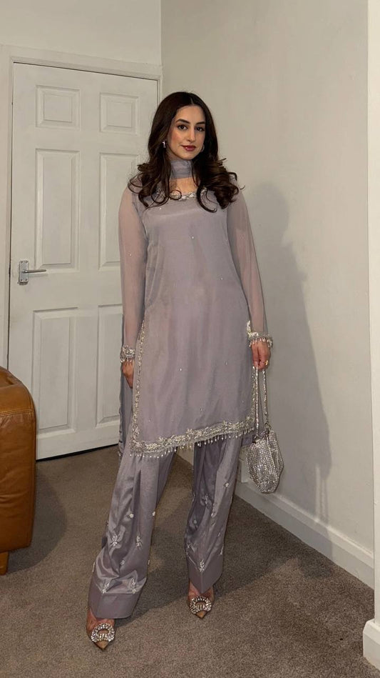 Gray Color Embroidery Work Georgette Top
