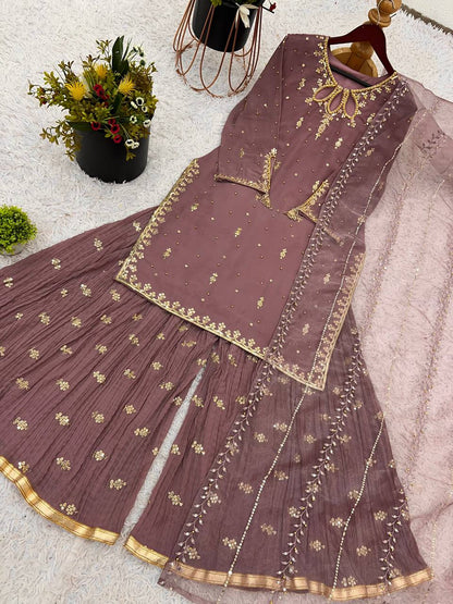 Faux Georgette Heavy Embroidery Sequence Work Top Sharara