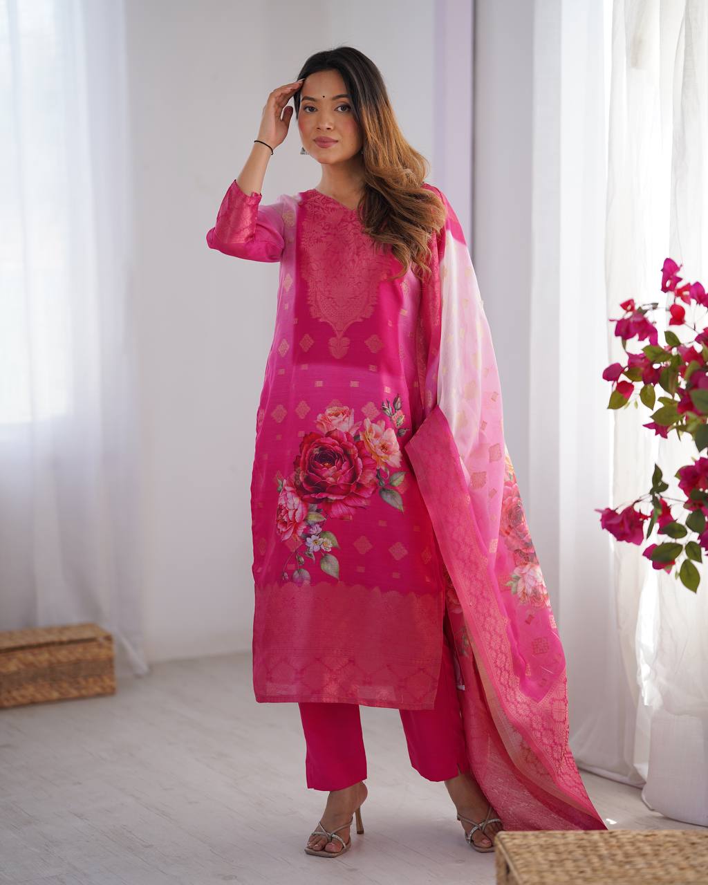 TRENDING CHANDERI SILK JACQARD WORK KURTI, BOTTOM WITH DUPATTA SET