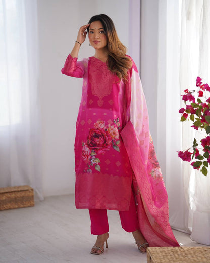TRENDING CHANDERI SILK JACQARD WORK KURTI, BOTTOM WITH DUPATTA SET