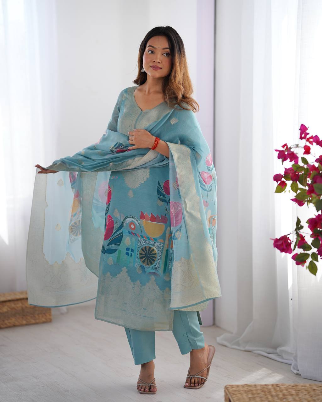 TRENDING CHANDERI SILK JACQARD WORK KURTI, BOTTOM WITH DUPATTA SET