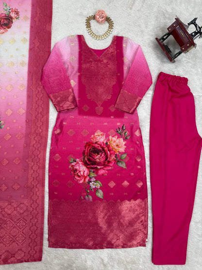 TRENDING CHANDERI SILK JACQARD WORK KURTI, BOTTOM WITH DUPATTA SET