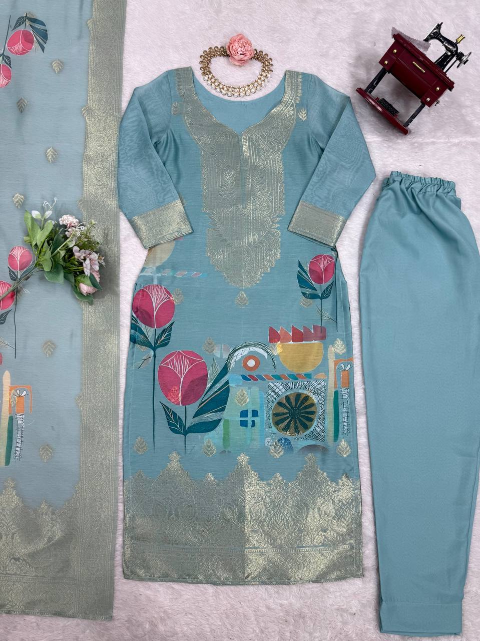 TRENDING CHANDERI SILK JACQARD WORK KURTI, BOTTOM WITH DUPATTA SET