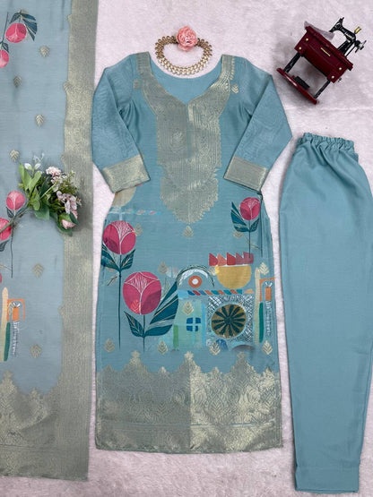 TRENDING CHANDERI SILK JACQARD WORK KURTI, BOTTOM WITH DUPATTA SET