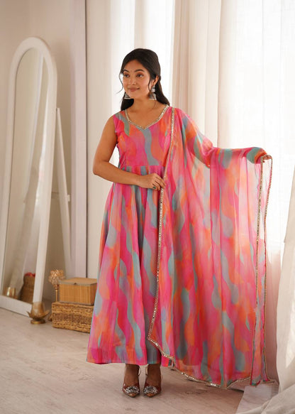 Beautiful Soft Rich Tebi Organza With Golden Mirror Lace Work Gown Set