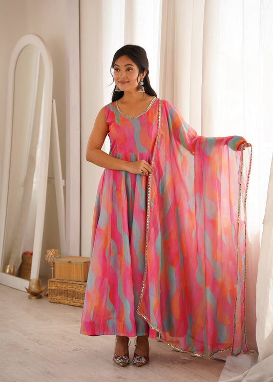Beautiful Soft Rich Tebi Organza With Golden Mirror Lace Work Gown Set